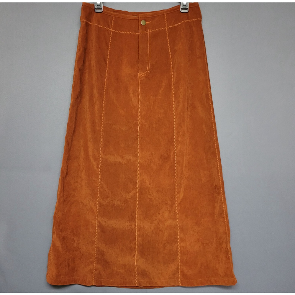 Wild Cat Maxi Skirt Womens M Brown Boho Zip-Zag‎ Trim Stitching Stretches Long